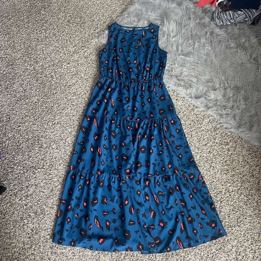 SHEIN Blue & Coral Leopard Print Maxi Dress
